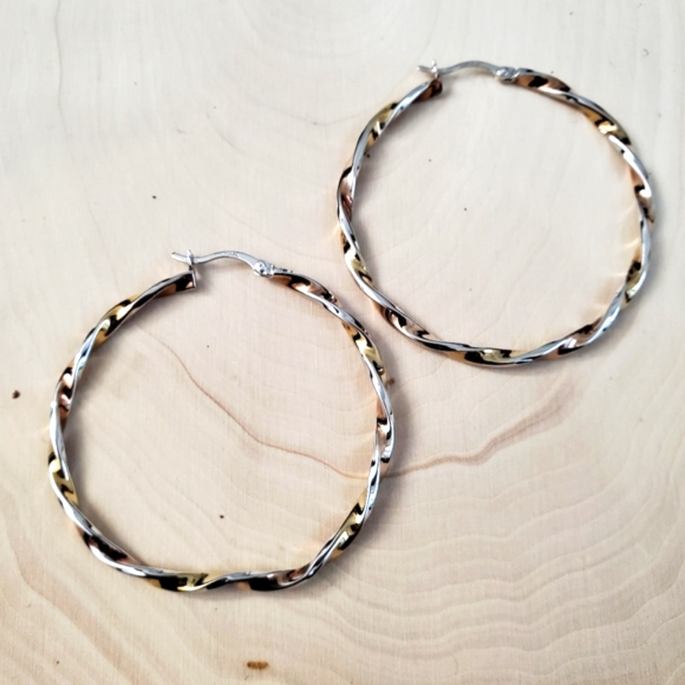 Sterling Silver 925 Two Tone Twisted Hoop Earrings - Picture 8 of 9